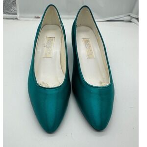 Vintage Highlights Teal Satin Pointed Toe Kitten Heel Pumps Size 8